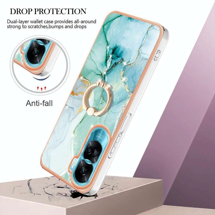 For Honor 90 Lite 5G Electroplating Marble IMD TPU Phone Case with Ring Holder(Green 003)