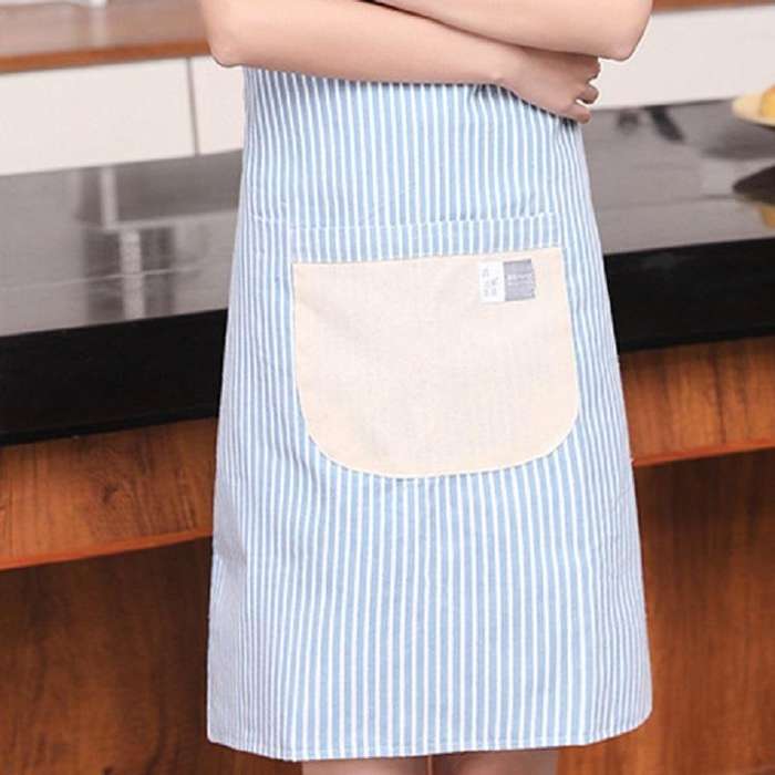 Cotton Linen Smiley Face Design Simple Waterproof Striped Work Apron(Beige)