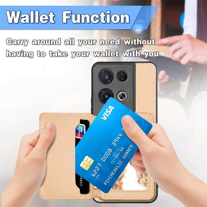For OPPO Reno 8 Pro Carbon Fiber Magnetic Card Bag Phone Case(Khaki)