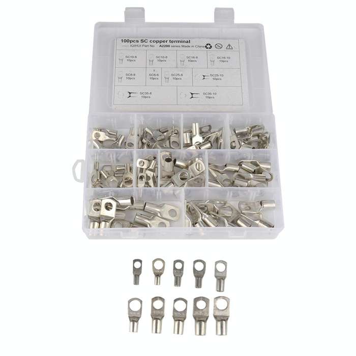 100 PCS Boat / Car Bolt Hole Tinned Copper Terminals Set Wire Terminals Connector Cable Lugs SC T...