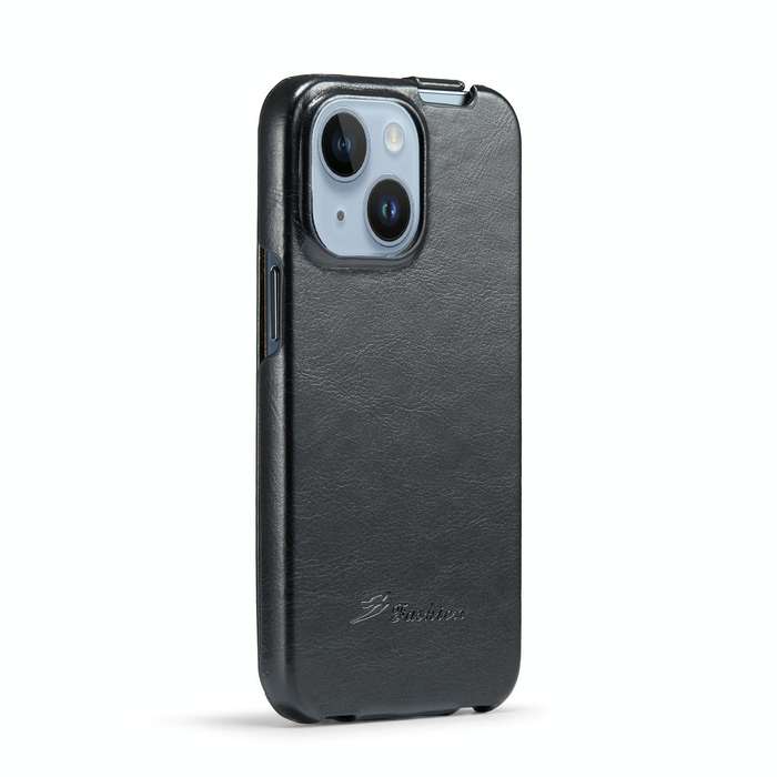 For iPhone 15 Fierre Shann Oil Wax Texture Vertical Flip PU Phone Case(Black)