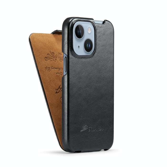 For iPhone 15 Fierre Shann Oil Wax Texture Vertical Flip PU Phone Case(Black)