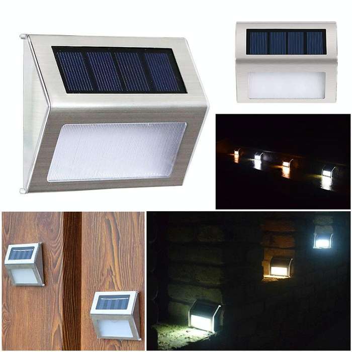 2PCS Solar Stainless Steel 3 LED Stair Wall Lamp Outdoor Garden Fence Light( White Light)