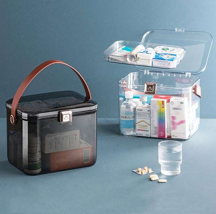 AA329 Double Layer Transparent Home Medicine Box Large Capacity Medicine Box(Black)