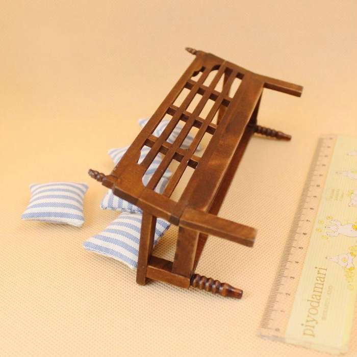 Mini Doll House Furniture Wooden Bench with Pillows