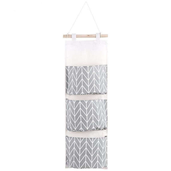 3-Pockets Cotton Linen Wall Hanging Door Pouch Bedroom Home Storage Pocket Hanging Bag(Gray)
