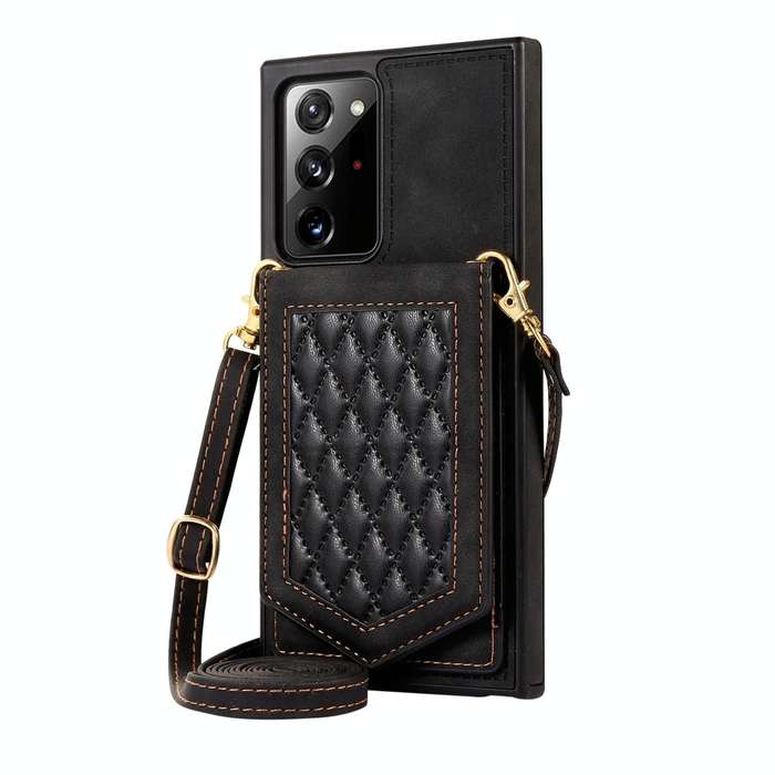 For Samsung Galaxy Note20 Ultra Rhombic Texture RFID Phone Case with Lanyard & Mirror(Black)