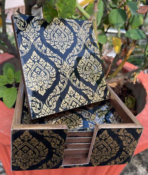 Exquisite Luxurious Gold & Black Coasters Set of 6 - Resin Top (11.5 cm x 11.5 cm) - Ideal for We...