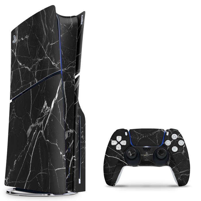 SkinNit Decal Sticker Skin For PS5 Slim : Black Marble