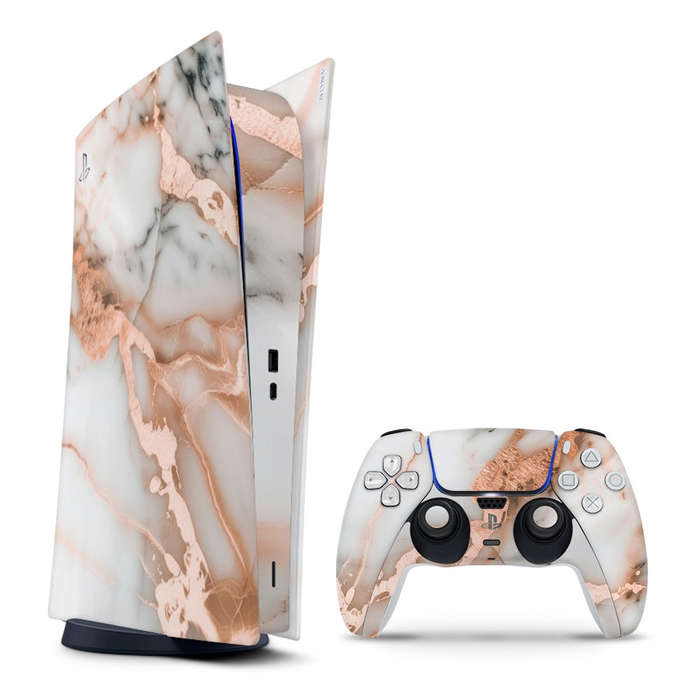 Decal Sticker Skin For PS5 Digital: Marble Rose Gold Accents