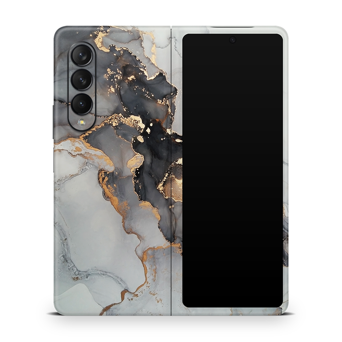 SkinNit Decal Sticker Skin Samsung Galaxy Z Fold 3 Marble White Gold (Decal Skin)