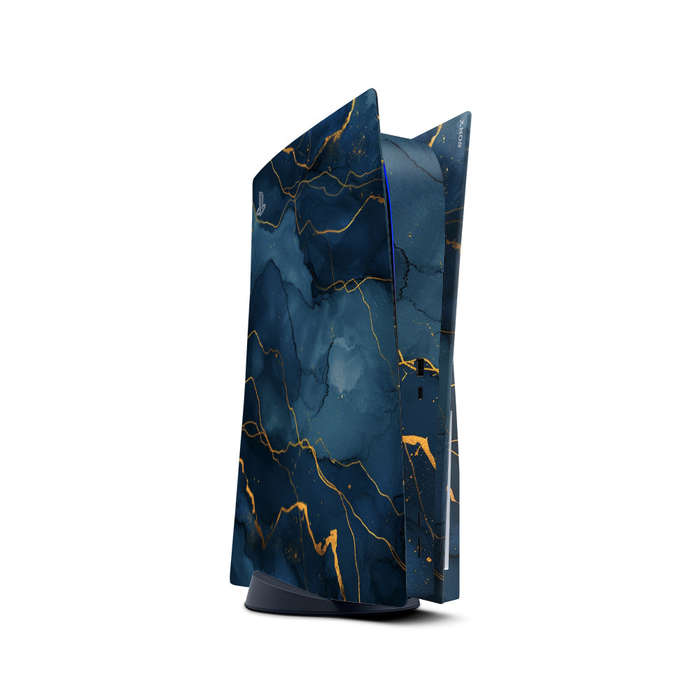 Decal Skin Sticker Compatible with PS5: Dark Blue Marble Gold Veins
