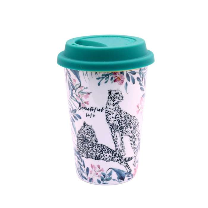 Cheetah and Leaves Design Travel Mug with Dark Green Lid