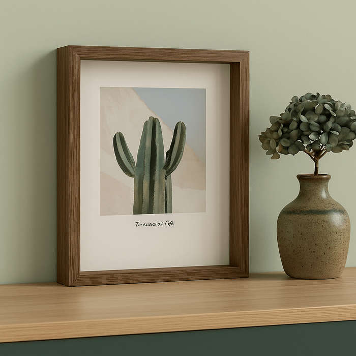 Large Cactus Floating Photoframe with Dark Brown Wooden Frame