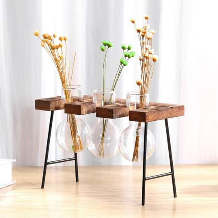 Three Glass Vases Wooden Stand