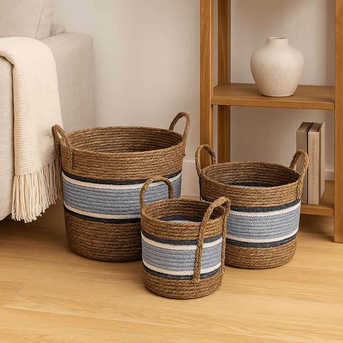 Weaved Baskets Set Of 3  - Thick Grey Stripe Black And White Stripes