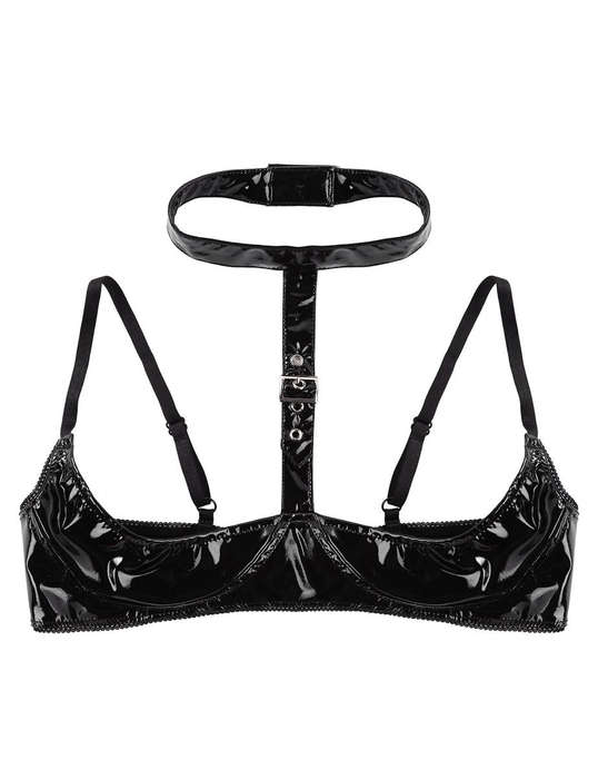 Belle Amoureuse - Women Black Faux Leather PVC Bra & Open Crotch Panty Set