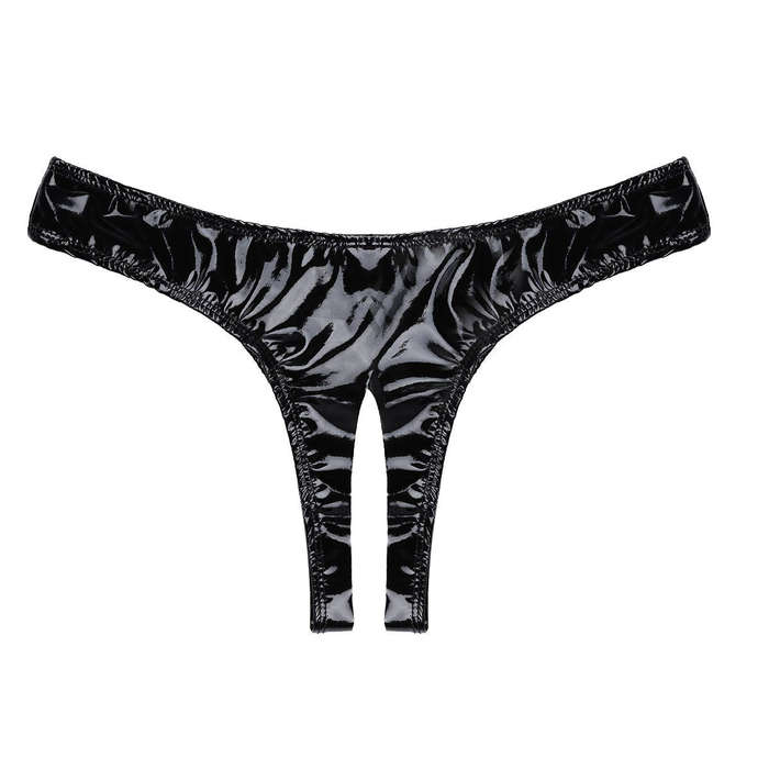 Belle Amoureuse - Women Black Faux Leather PVC Bra & Open Crotch Panty Set