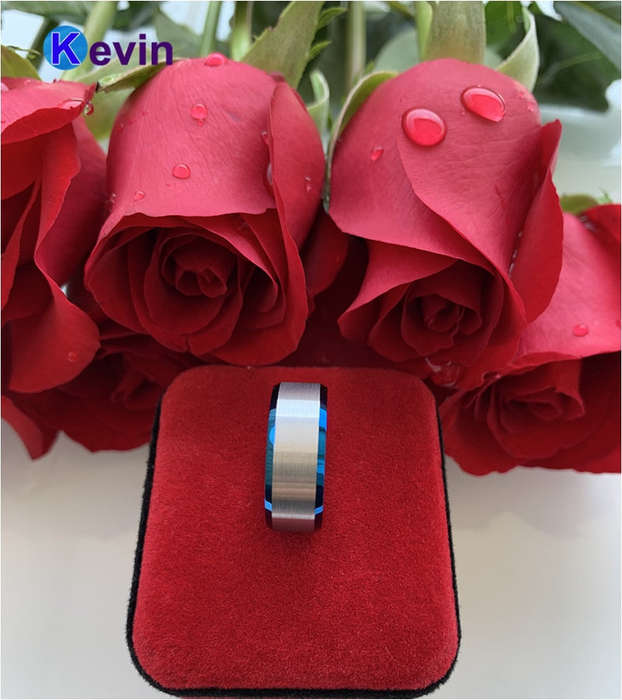 Black Silver Tungsten Carbide Wedding Band Mens Ring Blue Beveled Edges Comfort Fit - 11