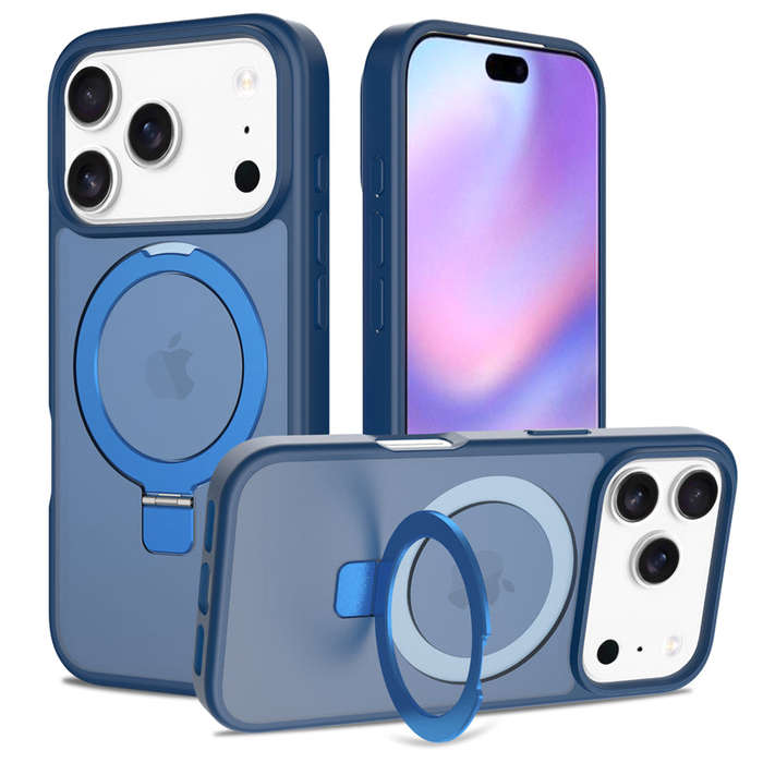 Liquid Silicone Skin Feel Magnetic Anti-drop Case with Stand for iPhone 17 Pro Blue