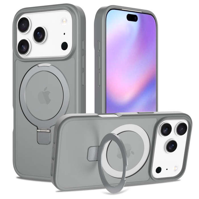 Liquid Silicone Skin Feel Magnetic Anti-drop Case with Stand for iPhone 17 Pro Gray