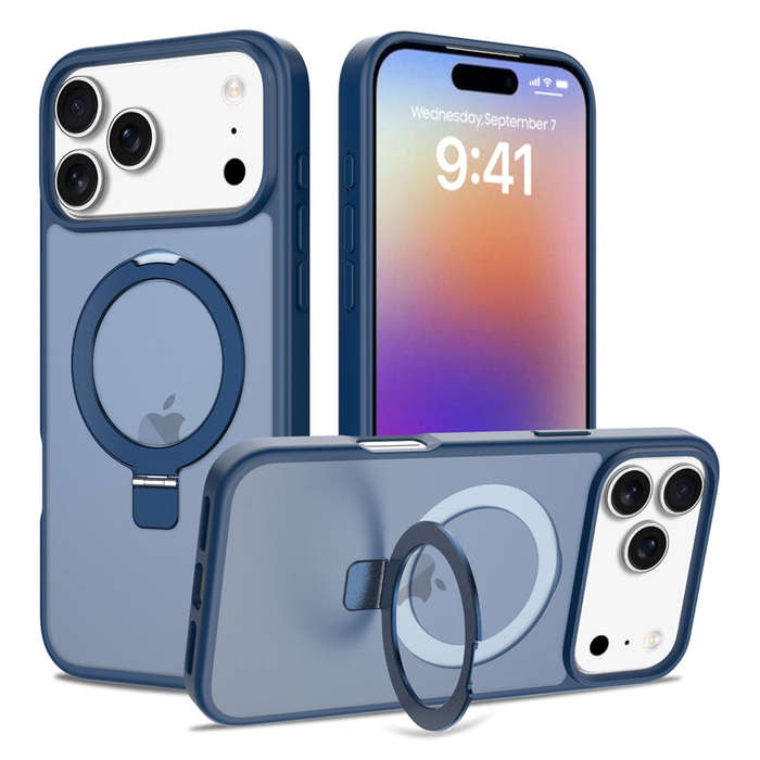 Liquid Silicone Skin Feel Magnetic Anti-drop Case with Stand for iPhone 17 Pro Max Blue