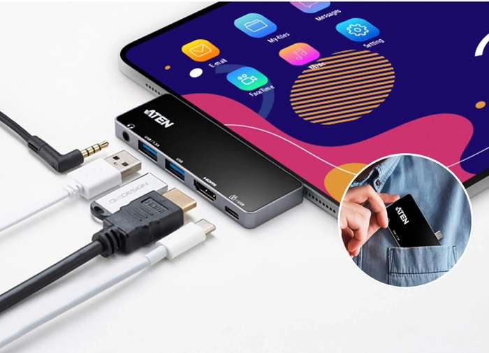 ATEN Dock; USB-C 5-in-1 Travel Dock with Power Pass-Through - 1 x audio port; 2 x USB Type-A port...