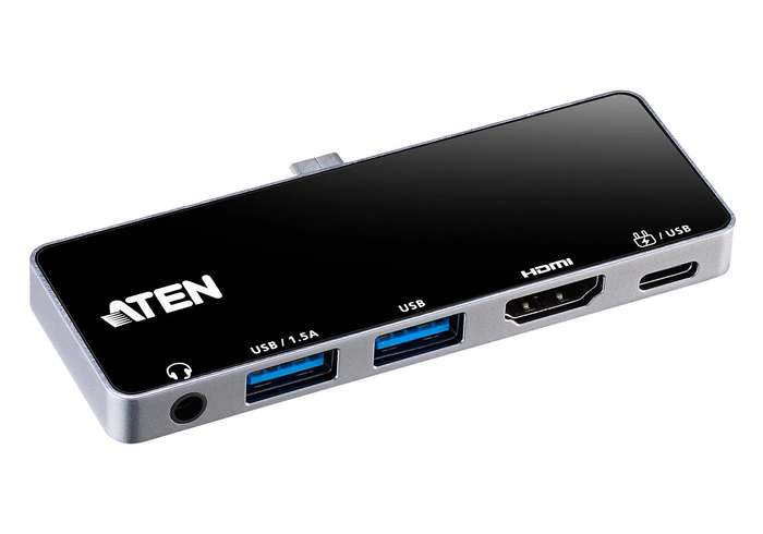ATEN Dock; USB-C 5-in-1 Travel Dock with Power Pass-Through - 1 x audio port; 2 x USB Type-A port...