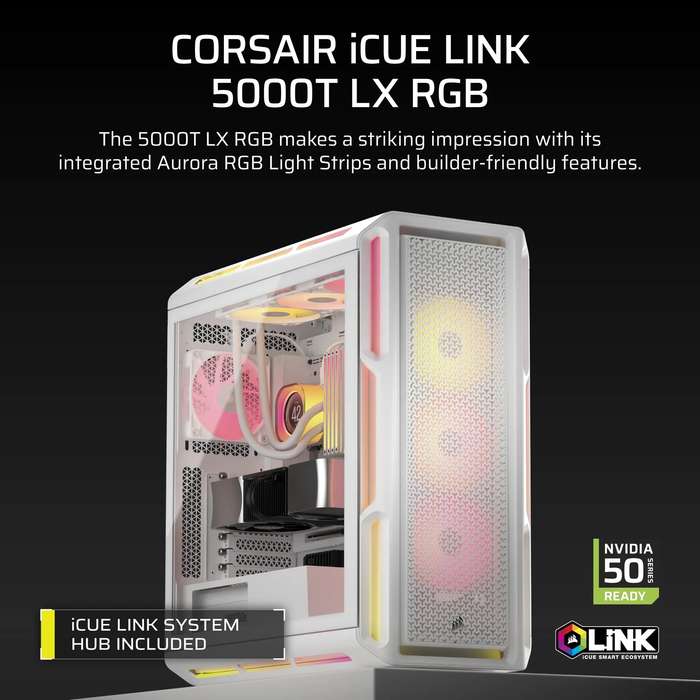 Corsair iCUE LINK 5000T LX RGB Mid-Tower PC Case; White
