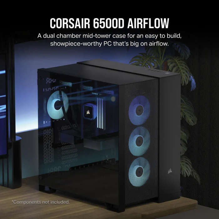 6500D Airflow Black Tempered Glass Mid-Tower; 2x 3.5'' |  2x 2.5'' Drive Bays; Up to 360mm Radiat...
