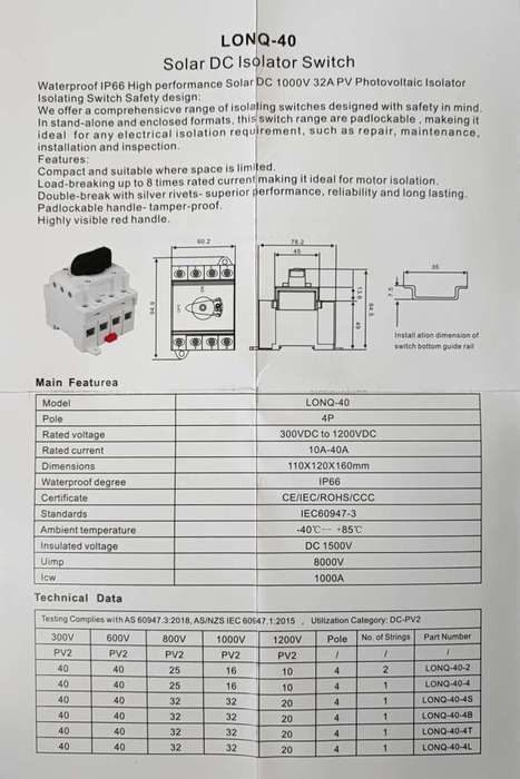 DR Light LONQ-40 40Amp Solar Photovoltaic DC Isolator Switch