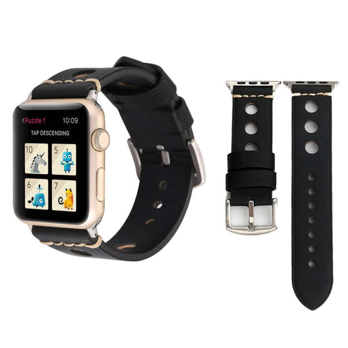 For Apple Watch Series 7 45mm / 6 & SE & 5 & 4 44mm / 42mm 3 & 2 & 1 Retro Hole Genuine Leather W...