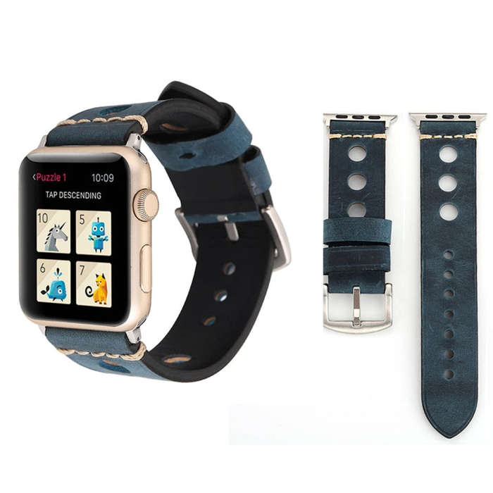 For Apple Watch Series 7 45mm / 6 & SE & 5 & 4 44mm / 42mm 3 & 2 & 1 Retro Hole Genuine Leather W...