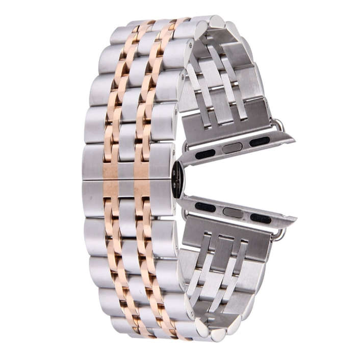 22mm Men Hidden Butterfly Buckle 7 Beads Stainless Steel Watch Band For Apple Watch 38mm(Silver R...