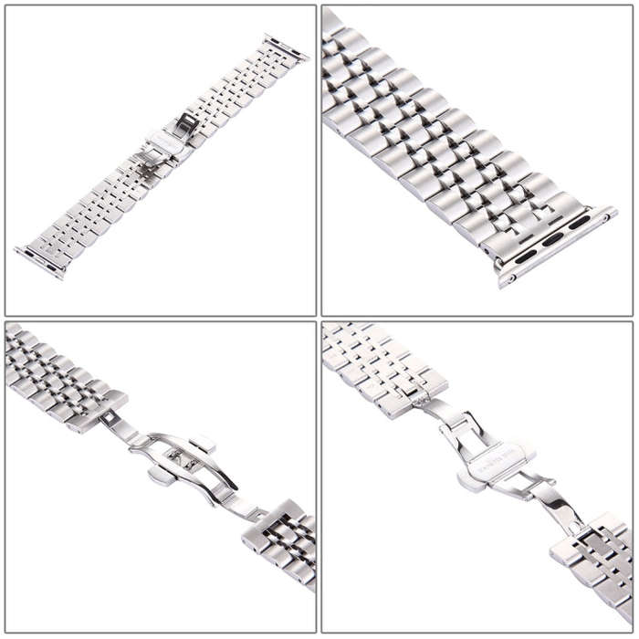 22mm Men Hidden Butterfly Buckle 7 Beads Stainless Steel Watch Band For Apple Watch 38mm(Silver)