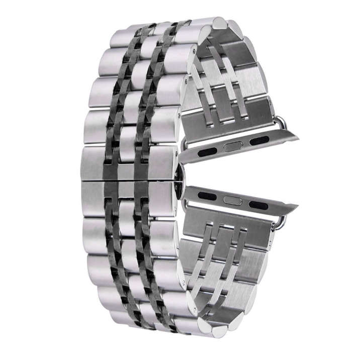 22mm Men Hidden Butterfly Buckle 7 Beads Stainless Steel Watch Band For Apple Watch 42mm(Silver+B...
