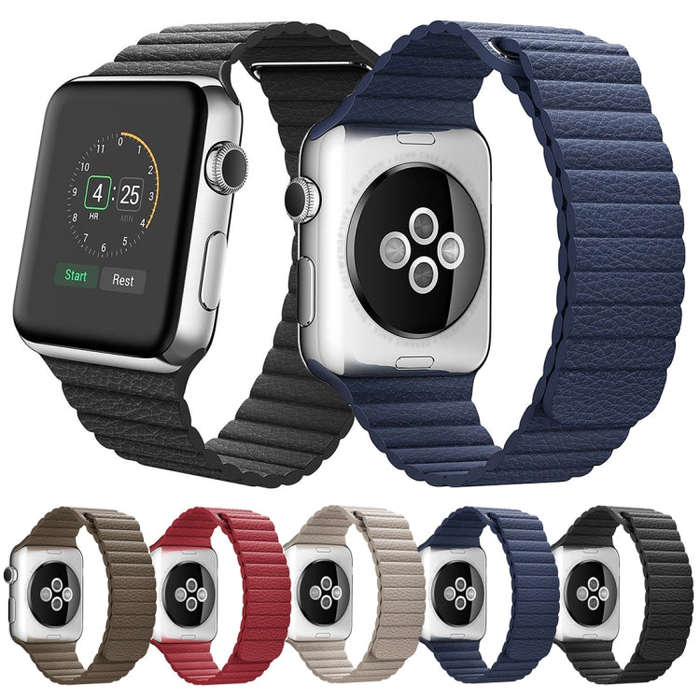 For Apple Watch 38mm Loop Magnetic Closure Clasp PU Leather Watch Band(Khaki)