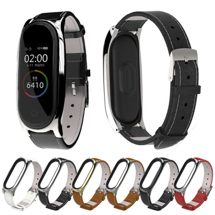 Mijobs Screwless Magnetic Case Top-grain Leather Watch Band for Xiaomi Mi Band 3 & 4 & 5 & 6, Hos...