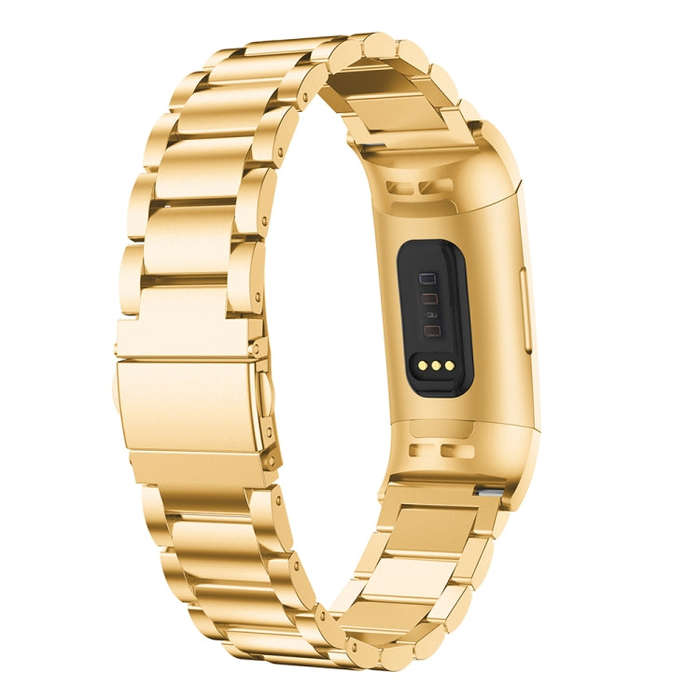Three Beads Slingshot Buckle Solid Stainless Steel Watch Band for Fitbit Charge 3(Gold)