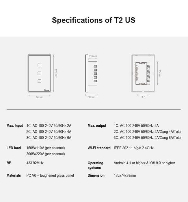 Sonoff T2 Touch 120mm Tempered Glass Panel Wall Switch Smart Home Light Touch Switch, Compatible ...