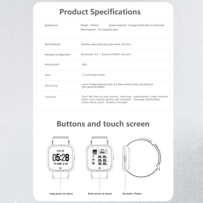 DTNO.1 G12 1.3 inches OLED Color Screen Smart Bracelet IP67 Waterproof, Steel Watchband, Support ...