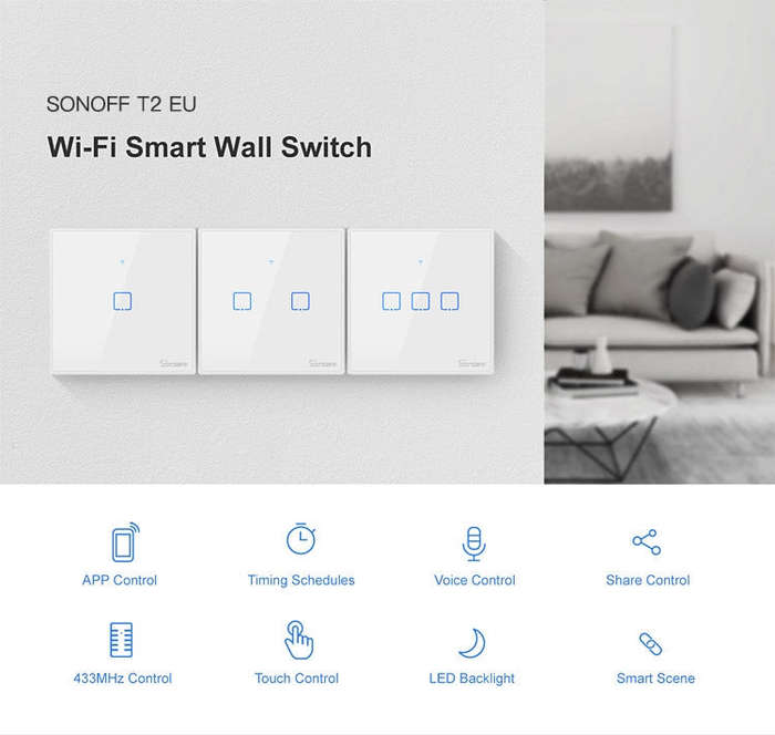 Sonoff T2 Touch 86mm Tempered Glass Panel Wall Switch Smart Home Light Touch Switch, Compatible w...
