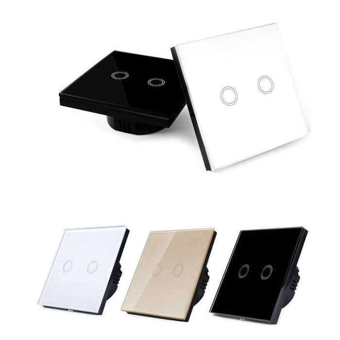 86mm 2 Gang Tempered Glass Panel Wall Switch Smart Home Light Touch Switch with RF433 Remote Cont...