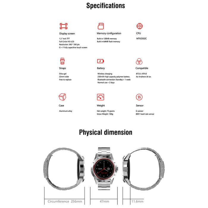 N6 Smart Watch 1.3 inch TFT Screen MTK2502C Bluetooth4.0, Stainless Steel Watch Band, Support Hea...