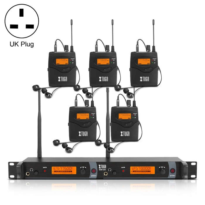 XTUGA IEM1200 Wireless Transmitter 5 Bodypack Stage Singer In-Ear Monitor System (UK Plug)