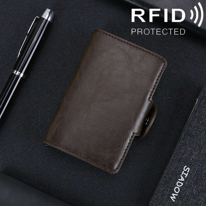 X-7 Antimagnetic RFID  Multi-functional Aluminum Crazy Horse Texture Leather Card Bag Wallet(Coffee)