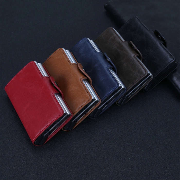 X-7 Antimagnetic RFID  Multi-functional Aluminum Crazy Horse Texture Leather Card Bag Wallet(Coffee)