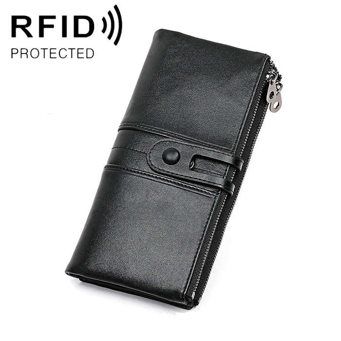 3520 Long Cowhide Leather Folding Anti-magnetic RFID Wallet for Ladies, with Card Slots(Black)