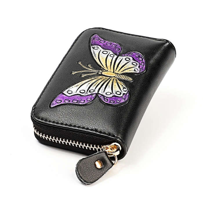 KB152 Butterfly Pattern Zipper Cowhide Leather Organ Shape Multiple Card Slots Anti-magnetic RFID...