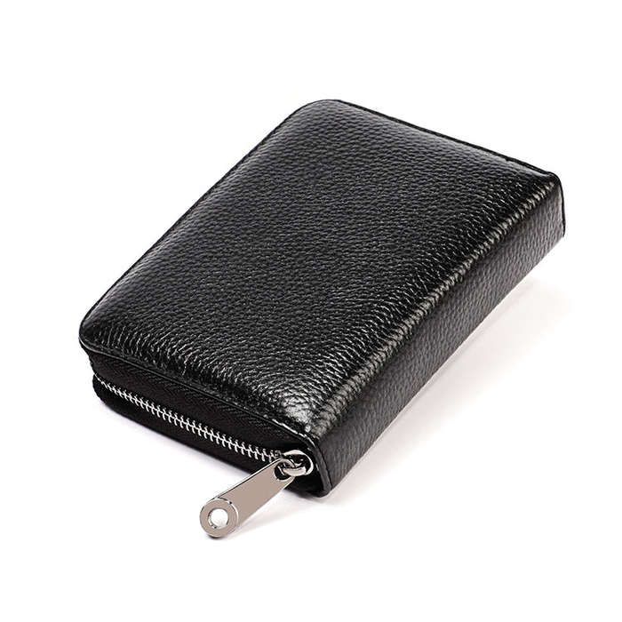 KB195 Zipper Cowhide Leather Double Row Organ Shape Multiple Card Slots Anti-magnetic RFID Wallet...